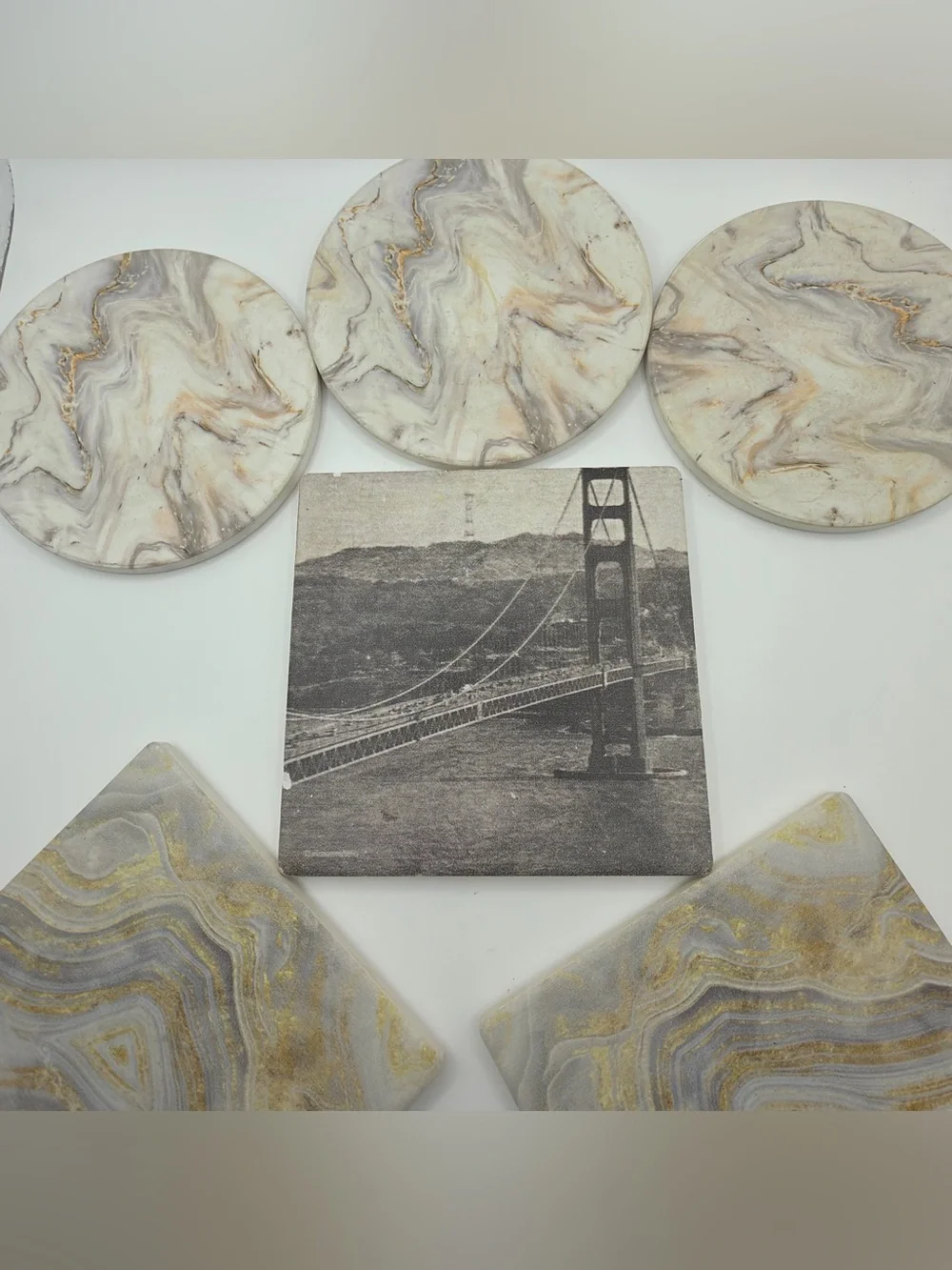 Marble Swirl Stone Coaster Set with Gold Accents